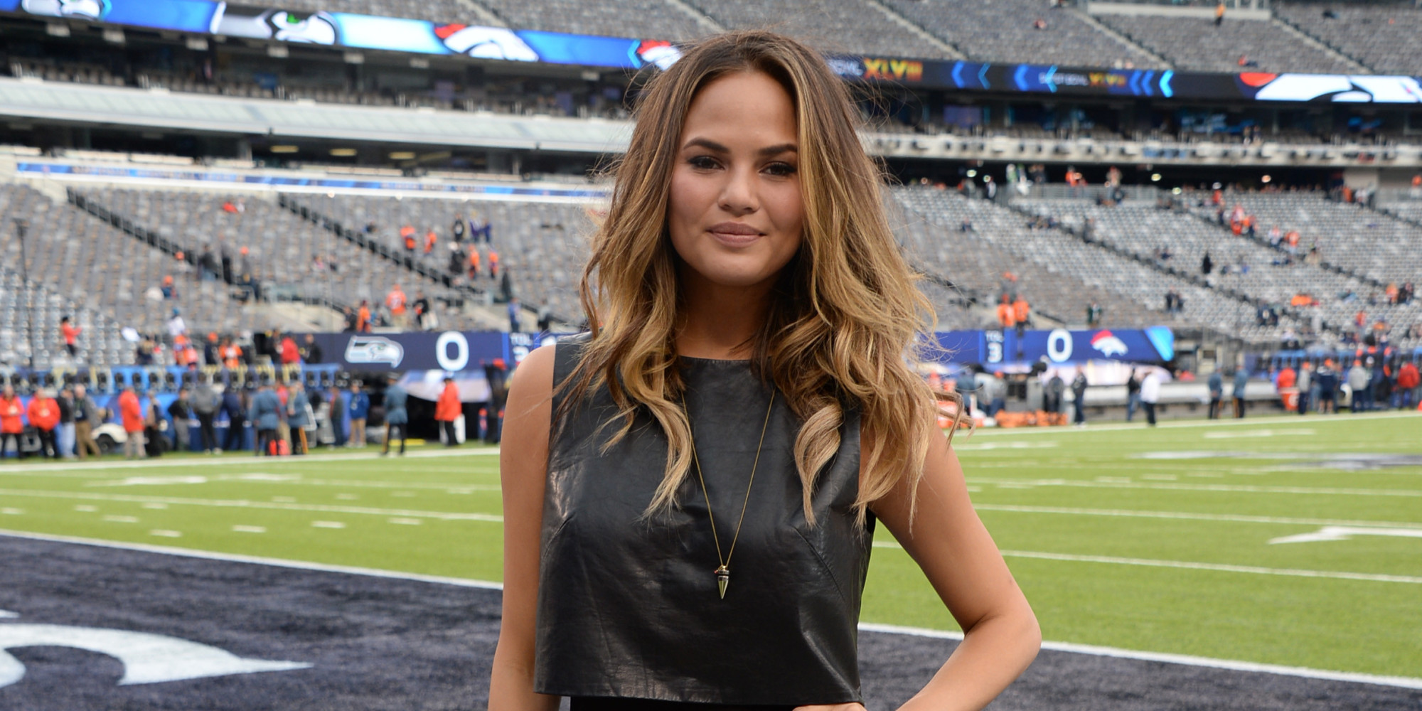 EAST RUTHERFORD, NJ - FEBRUARY 02: Model Chrissy Teigen attends the Pepsi Super Bowl XLVIII Pregame Show at MetLife Stadium on February 2, 2014 in East Rutherford, New Jersey. (Photo by Theo Wargo/FilmMagic)